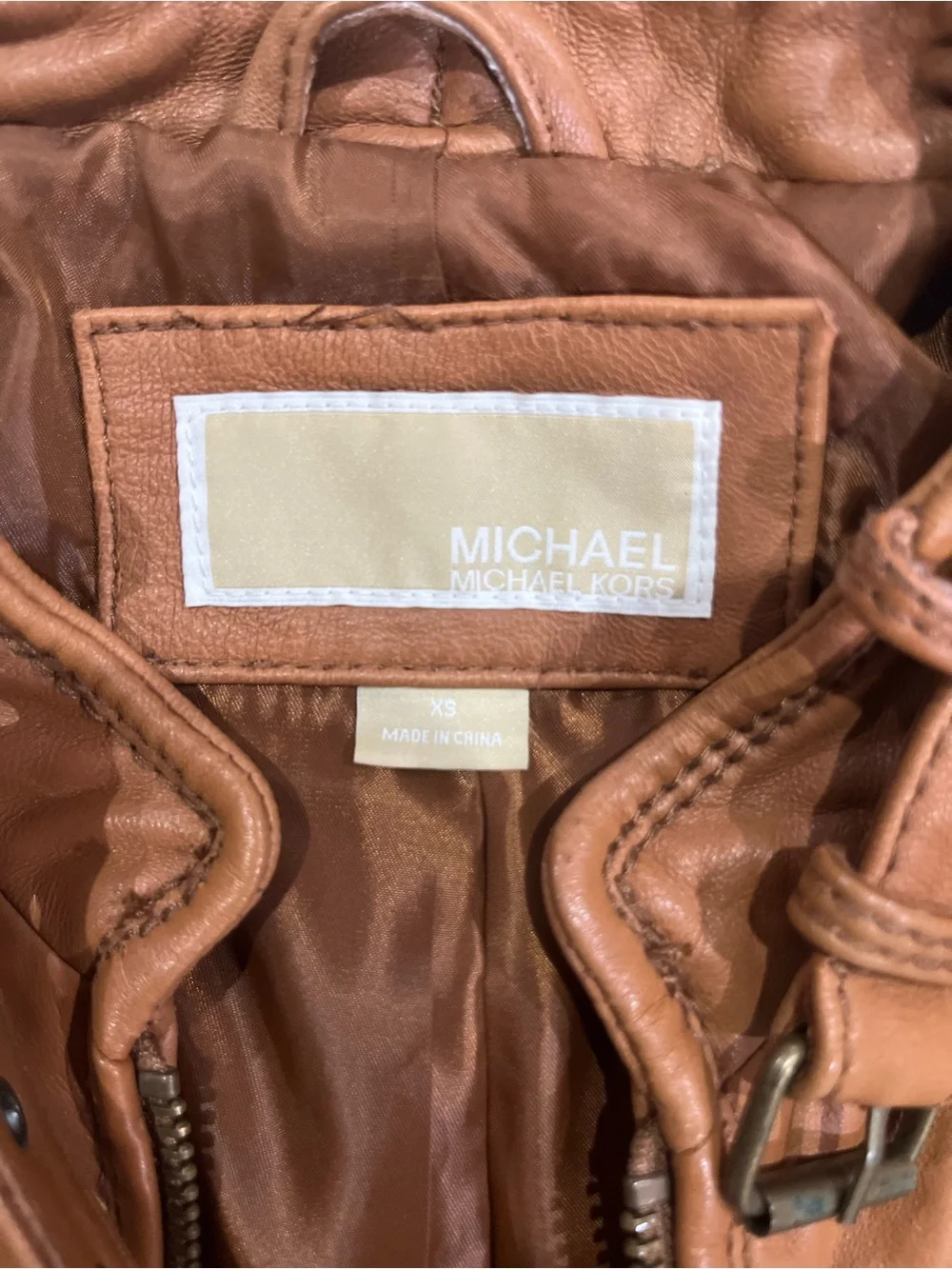 Michael Kors Cognac Leather Moto Jacket with Snap Collar